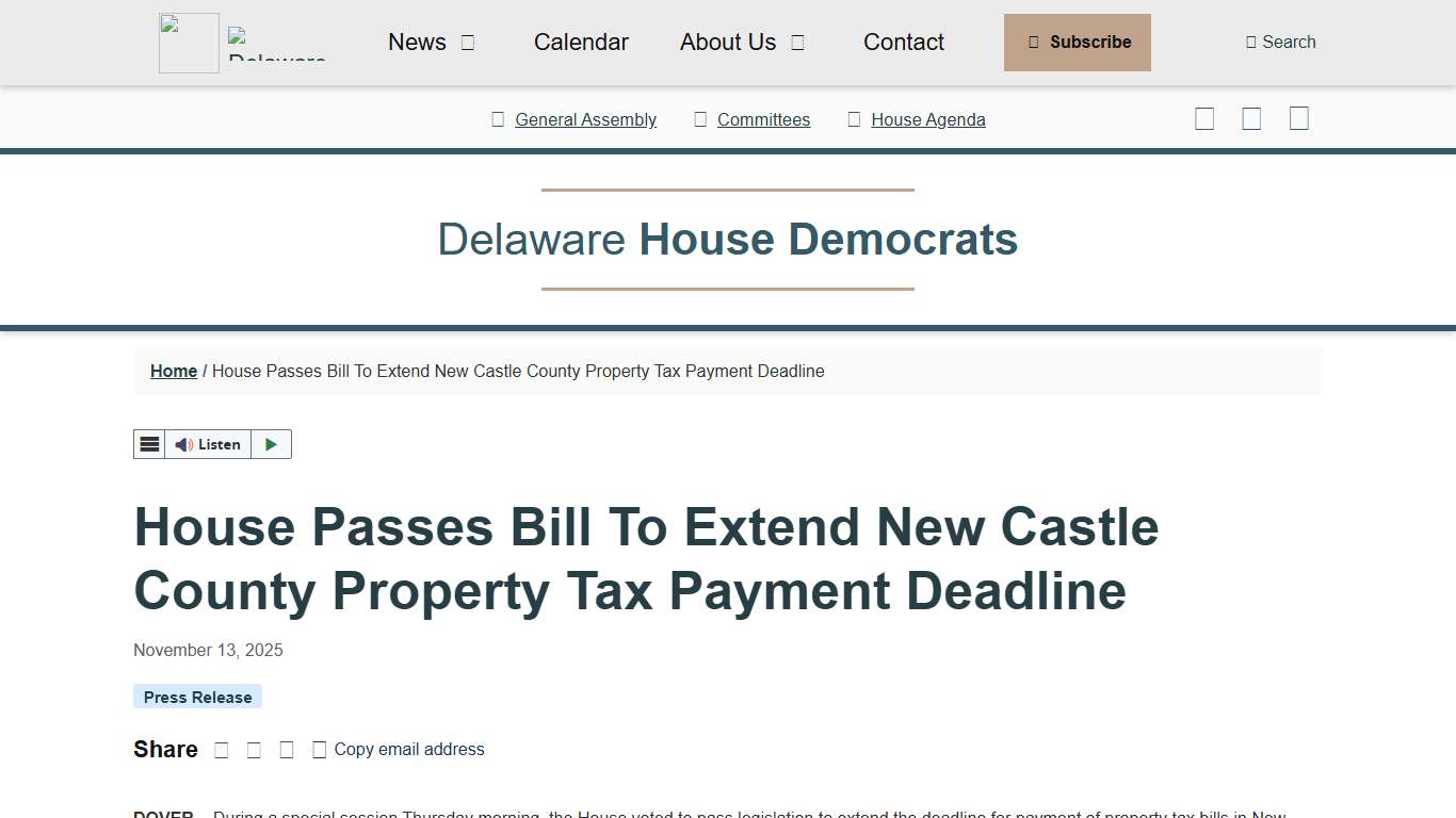 House Passes Bill To Extend New Castle County Property Tax Payment Deadline - House Democrats